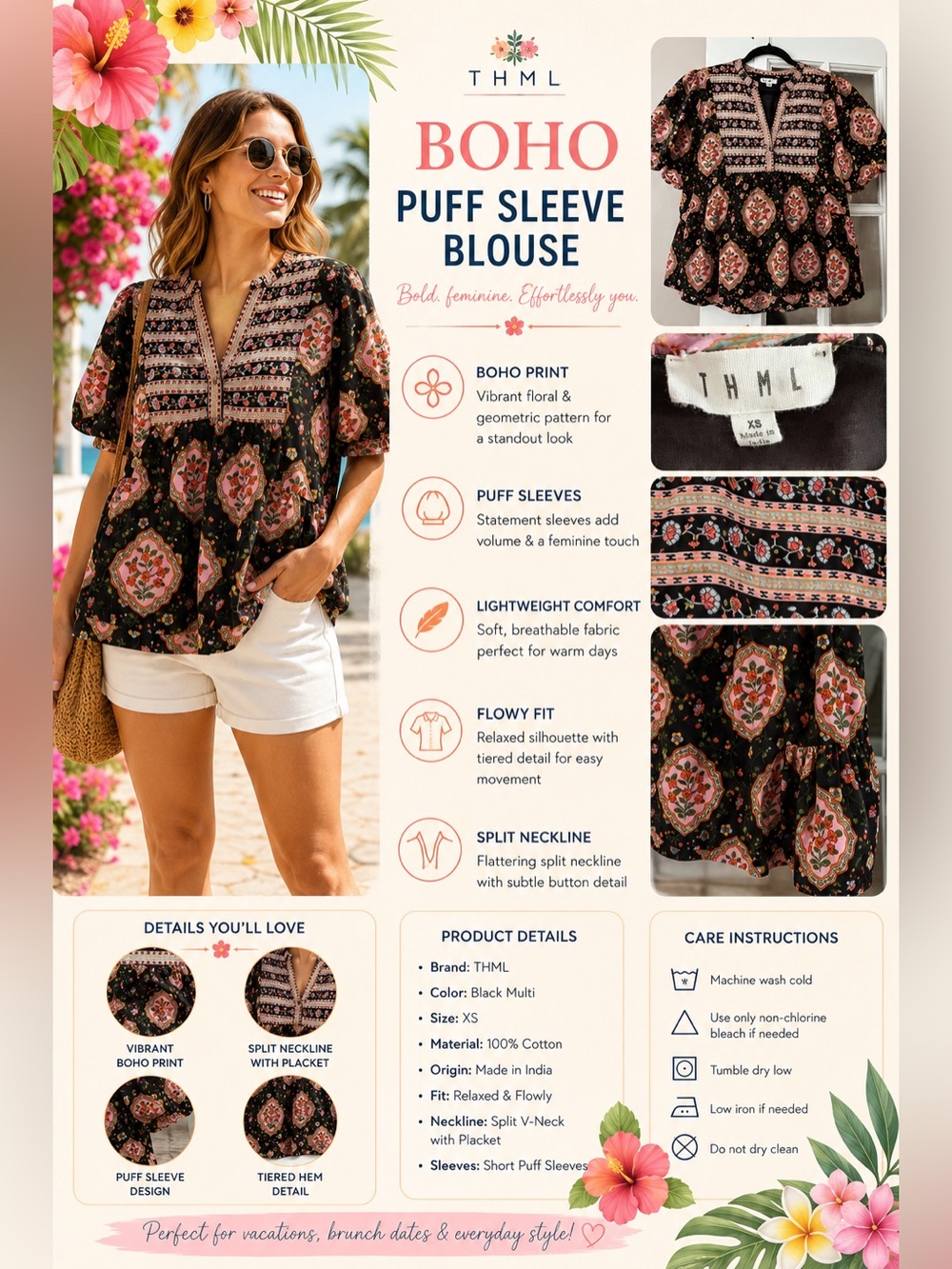 THML Black Multi Boho Puff Sleeve V-Neck Blouse